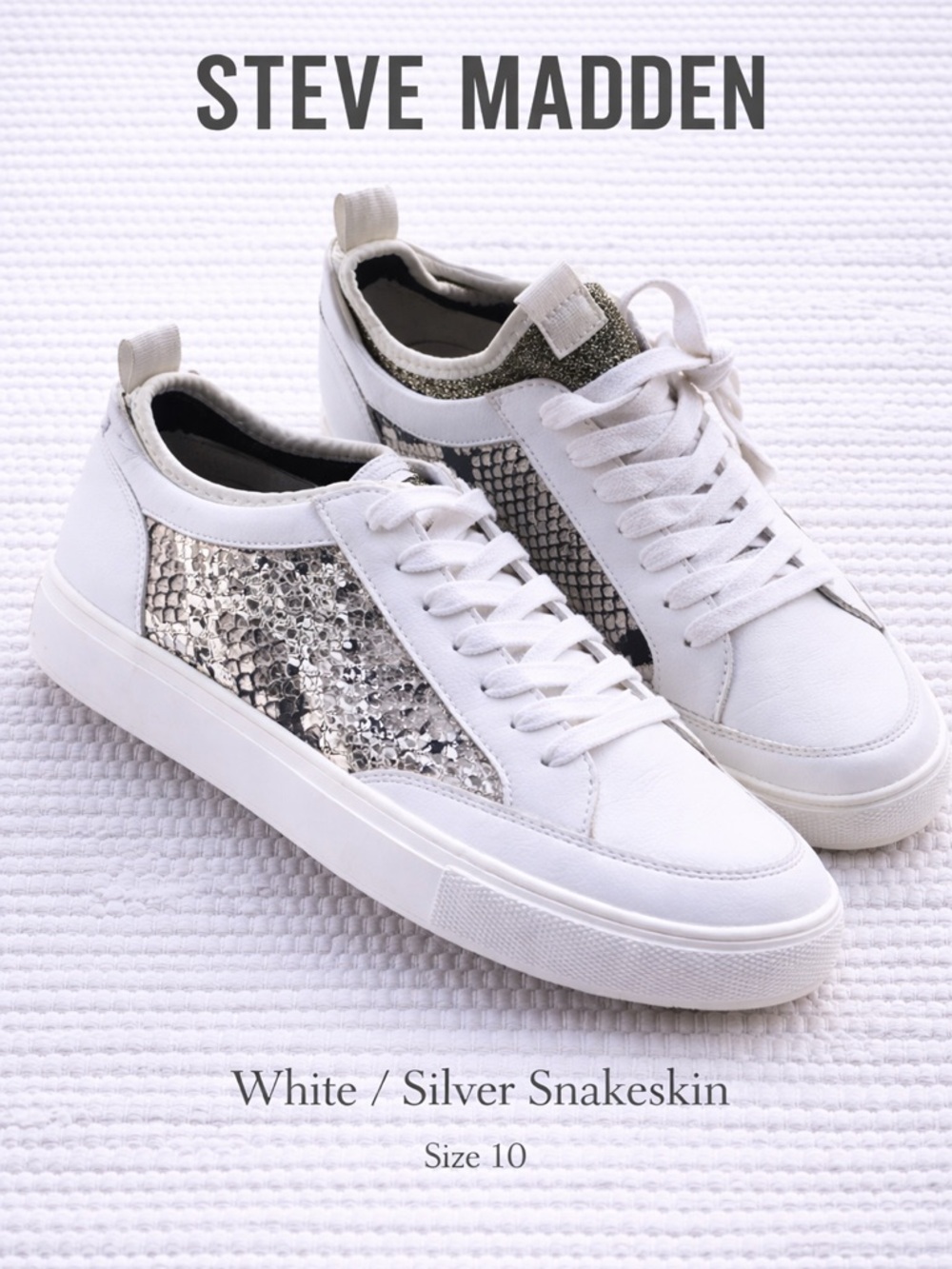 Steve Madden White Leather Snakeskin Sneakers Sock Fit Lace Up Size 10